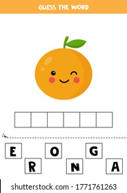 Spell the word orange. Vector illustration of cute cartoon orange on white background. Educational worksheet for kids. Learning to read for preschoolers.