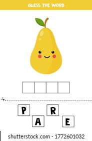 Spell the word pear. Vector illustration of cute cartoon yellow pear on white background. Educational worksheet for kids. Learning to read for preschoolers.