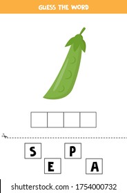 Spell the word peas by letters. Educational game for kids. Printable worksheet. Learning to read and write.
