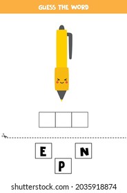 Escribe la palabra pluma. Ilustración vectorial de la pluma amarilla. Juego de deletreo para niños. 