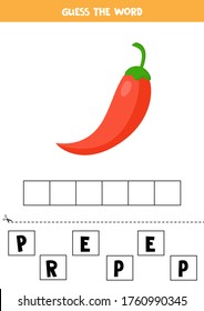 Spell the word pepper. Vector illustration of cute cartoon red chili pepper. Educational game for kids. Printable worksheet. Learning to read and to write.
