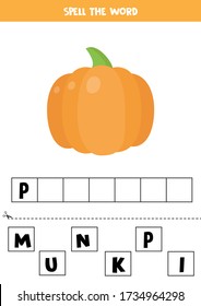 Spell the word pumpkin. Educational grammar game for children. Cute cartoon pumpkin.