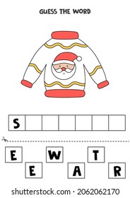 Spell the word sweater. Vector illustration of snowman. Spelling game for kids. 