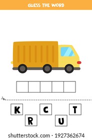 Spell the word truck. Vector illustration of cartoon truck. Spelling game for kids. 