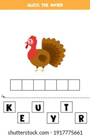 Spell the word turkey. Vector illustration of cute turkey. Spelling game for kids. 