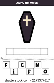 Spell the word. Vector illustration of black coffin. Spelling game for kids. 