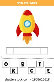 Spell the word. Vector illustration of cartoon rocket. Spelling game for kids. 