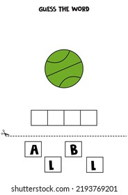 Spell the word. Vector illustration of cartoon green tennis ball. Spelling game for kids. 