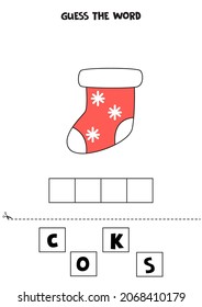Spell the word. Vector illustration of Christmas sock. Spelling game for kids. 