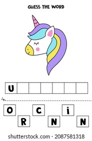 Spell the word. Vector illustration of cute unicorn head. Spelling game for kids. 