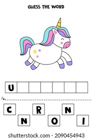 Spell the word. Vector illustration of cute unicorn. Spelling game for kids. 
