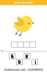 Spell the word. Vector illustration of cute bird. Spelling game for kids. 