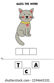 Spell The Word. Vector Illustration Of Cute Gray Cat. Spelling Game For Kids. 