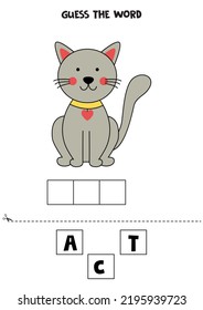 Spell The Word. Vector Illustration Of Cute Gray Cat. Spelling Game For Kids. 