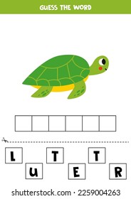 Spell the word. Vector illustration of cute cartoon sea turtle. Spelling game for kids. 