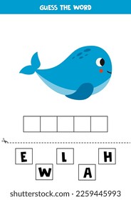 Spell the word. Vector illustration of cute cartoon whale. Spelling game for kids. 