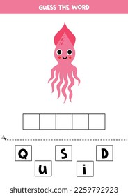 Spell the word. Vector illustration of cute squid. Spelling game for kids. 