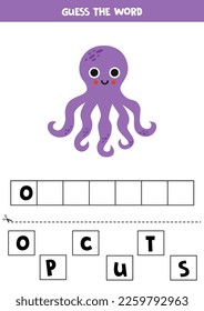 Di la palabra. Ilustración vectorial del pulpo lindo. Juego de deletreo para niños. 