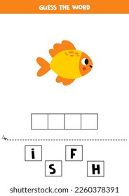 Di la palabra. Ilustración vectorial de un bonito pez amarillo. Juego de deletreo para niños. 