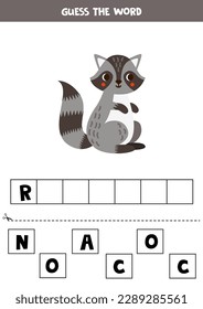 Spell the word. Vector illustration of cute cartoon raccoon. Spelling game for kids. 