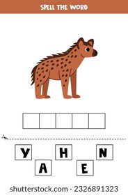 Spell the word. Vector illustration of cute cartoon hyena. Spelling game for kids. 