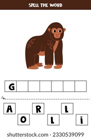 Spell the word. Vector illustration of cute cartoon gorilla. Spelling game for kids. 