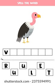 Spell the word. Vector illustration of cute cartoon vulture. Spelling game for kids. 