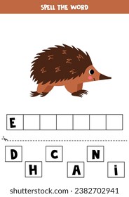 Di la palabra. Ilustración vectorial de la linda caricatura de echidna. Juego de deletreo para niños. 