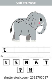 Spell the word. Vector illustration of cute cartoon elephant. Spelling game for kids. 