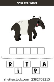 Spell the word. Vector illustration of cute cartoon tapir. Spelling game for kids. 