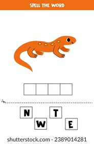 Spell the word. Vector illustration of cute cartoon newt. Spelling game for kids. 