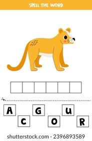 Spell the word. Vector illustration of cute cartoon cougar. Spelling game for kids. 