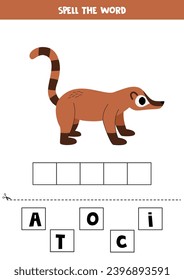 Spell the word. Vector illustration of cute cartoon coati. Spelling game for kids. 
