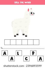 Spell the word. Vector illustration of cute cartoon alpaca. Spelling game for kids. 