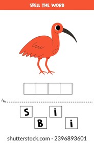 Spell the word. Vector illustration of cute cartoon scarlet ibis. Spelling game for kids. 