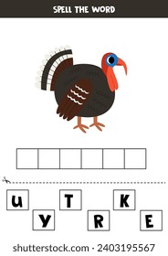 Spell the word. Vector illustration of cute cartoon turkey. Spelling game for kids. 