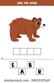 Spell the word. Vector illustration of cute cartoon grizzly bear. Spelling game for kids. 