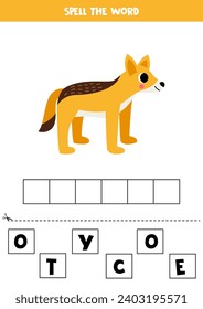 Spell the word. Vector illustration of cute cartoon coyote. Spelling game for kids. 
