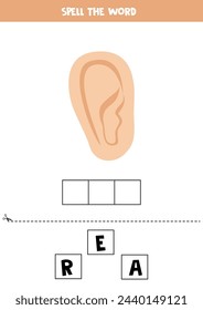 Spell the word. Vector illustration of cute cartoon ear. Spelling game for kids. 