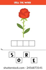 Spell the word. Vector illustration of cute cartoon red rose. Spelling game for kids. 