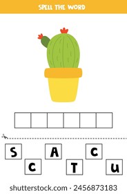 Spell the word. Vector illustration of cute cartoon cactus in pot. Spelling game for kids. 