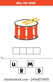 Spell the word. Vector illustration of cute cartoon drum. Spelling game for kids. 