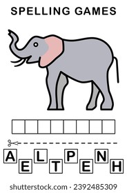Di la palabra. Ilustración vectorial del elefante. Juego de deletreo para niños. Hoja de cálculo de educación Tamaño impreso A4
