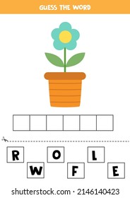 Spell the word. Vector illustration of flower in pot. Spelling game for kids. 