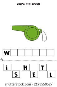 Spell the word. Vector illustration of green whistle. Spelling game for kids. 