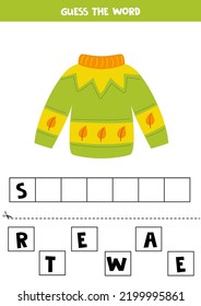 Spell the word. Vector illustration of green ugly sweater. Spelling game for kids. 