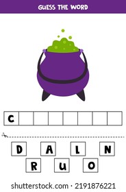 Spell the word. Vector illustration of Halloween cauldron. Spelling game for kids. 