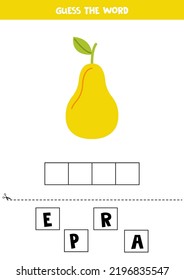 Di la palabra. Ilustración vectorial de la pera dibujada a mano. Juego de deletreo para niños. 