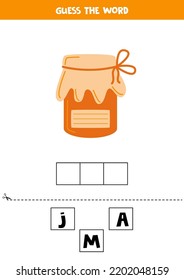 Spell the word. Vector illustration of jam. Spelling game for kids. 