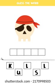 Spell the word. Vector illustration of pirate skull. Spelling game for kids. 